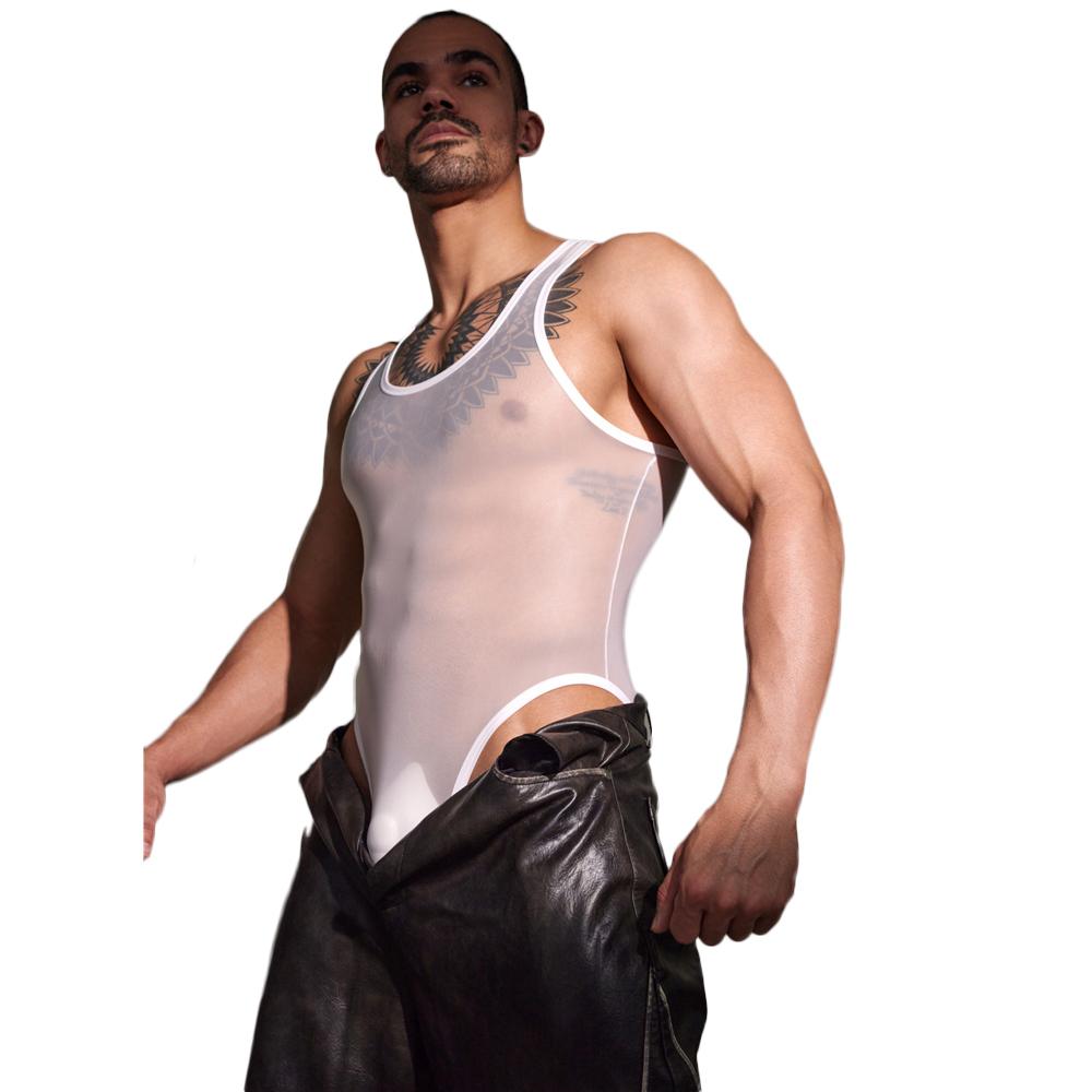 Sexy Men Oil Glossy Shiny Bodysuit Sheer See Through Open Crotch One Pieces Thong Gay Tights Elastic Leotard Homewear