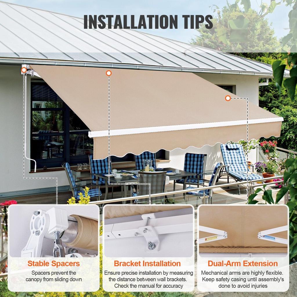 Manual Retractable Awning, 8 X 7 Ft Outdoor Patio Awning Retractable Sun Shade, Water-Resistant Polyester Patio Door Window Awning Sunshade Shelter