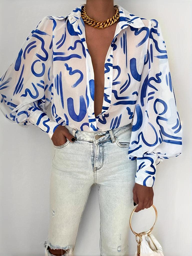 Elegant Semi-Transparant Shirt met revers & Lantaarnmouwen - Perfect voor Lente & Herfst