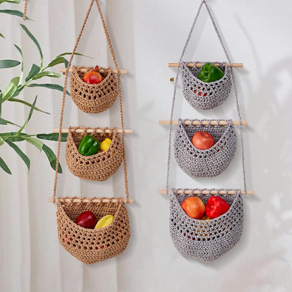 

Bohemian 3 Tier Cotton Linen Storage Baskets Wall Hanging Sundries Organizer 005