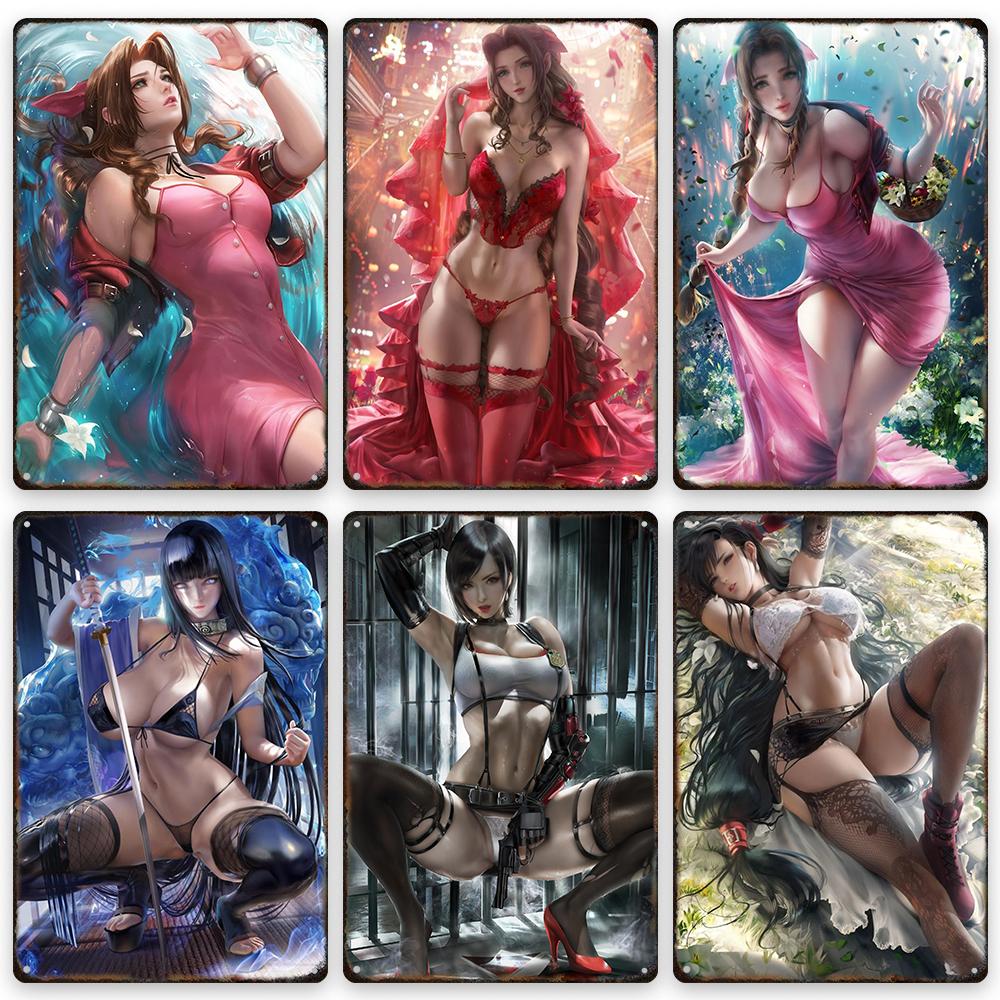 Sexy Anime Girl Metal Plate Game Figure Vintage Tin Sign Bar Club Art Decorative Plaques for Modern Home Room Wall Decor Poster