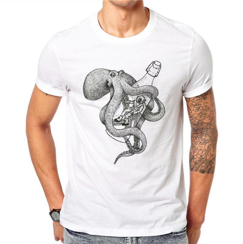 100 Cotton Summer Fashion Male Octopus Print Short Sleeve Allmatch Oneck White Casual Tee Unisex T Shirt Comfortable Tops