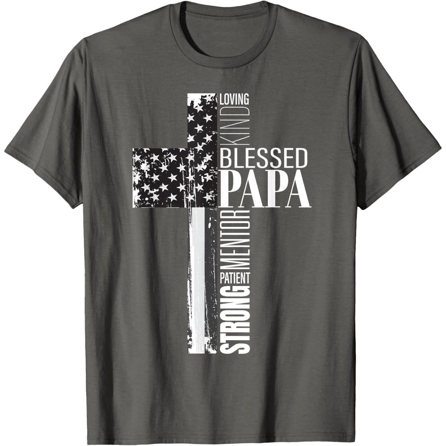 Blessed Papa Cross American Flag Graphic Tee Men Christian Religious Fathers Day T-Shirt S