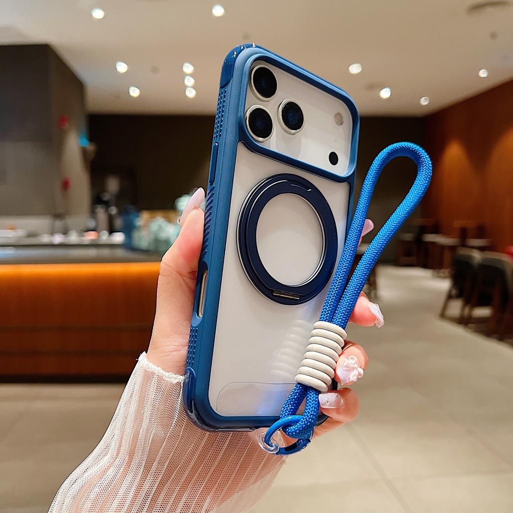 Dla iPhone 17 Pro Magnetyczne Etui Odporne na Wstrząsy Podpórka TPU + PC Przezroczyste Etui na Telefon z Paskiem na Nadgarstek