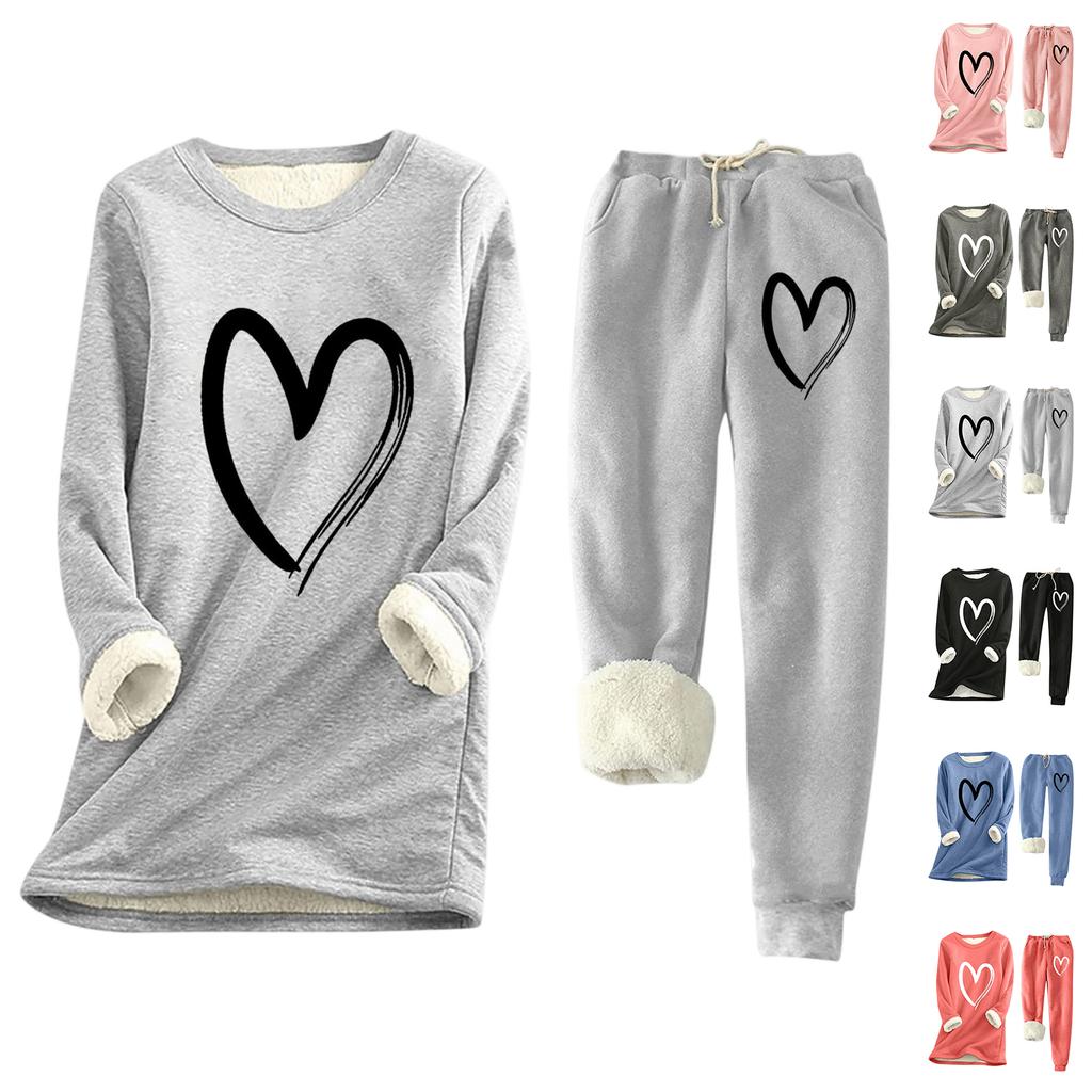 Ladies' Loose And Comfortable Round Neck Heart-shaped Printed Thick Long Sleeved Top With Cotton Pants Set