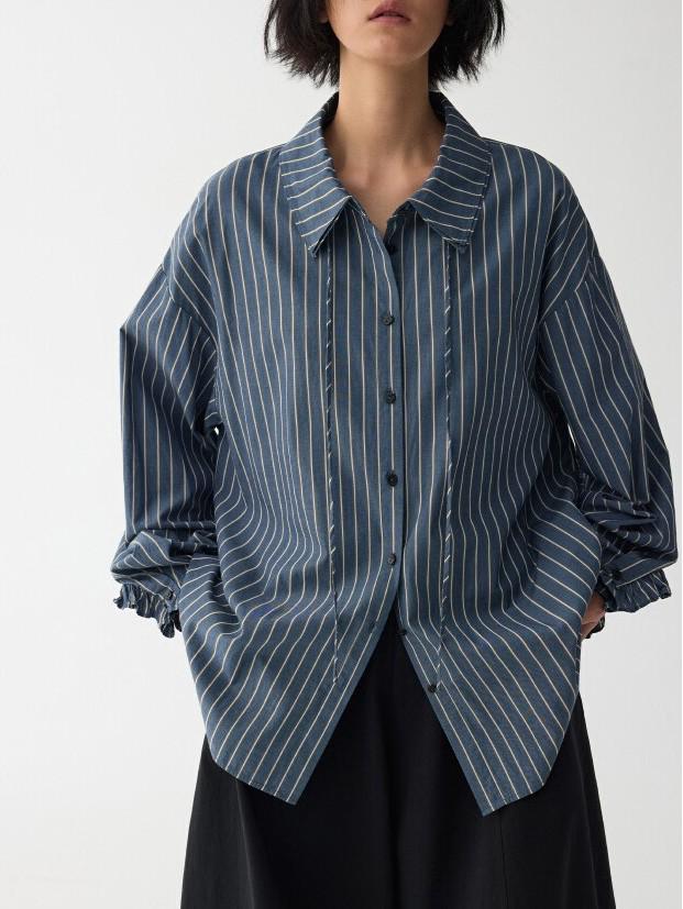 HAVERICE Blue Dream Striped Double-Layered Lace-Up Collar Shirt Top S