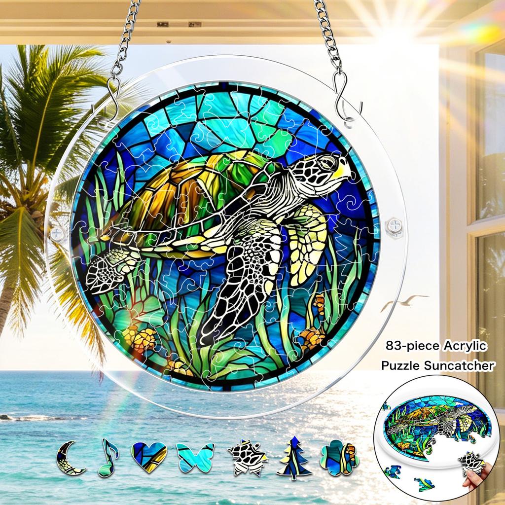 1Set/83pcs 18.8Cm Acrylic Jigsaw Colorful Sea Turtle Suncatcher, Stained Style Sunset Puzzle Suncatcher Window Hanging Ornament for Beach And Balcony,
