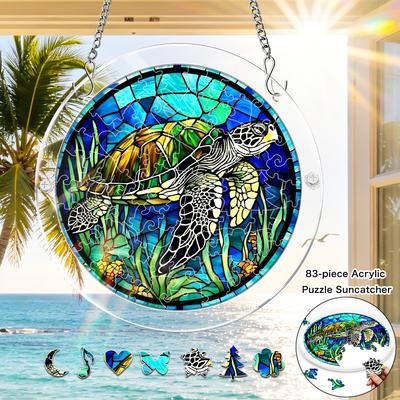 1Set/83pcs 18.8Cm Acrylic Jigsaw Colorful Sea Turtle Suncatcher, Stained Style Sunset Puzzle Suncatcher Window Hanging Ornament for Beach And Balcony,