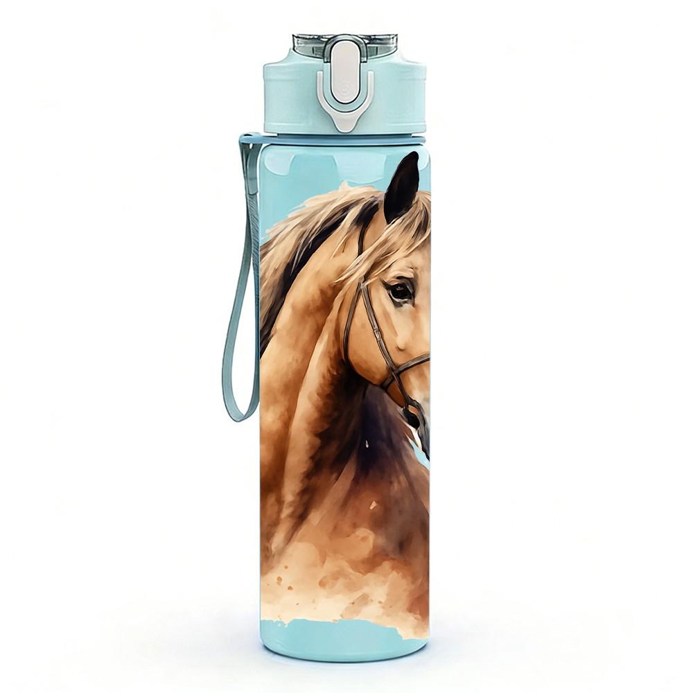 1PC Brown Horse Head Portrait Print 750ml Color Plastic Sports Water Bottle Leakproof Flip Straw Lid Suitable for Sports Office Home Use