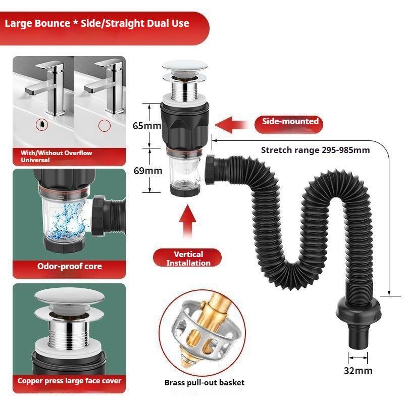 Complete set of anti-odor sealed drain pipe fittings for washbasins bathroom sink pop-up drain pipes, and basin drainers