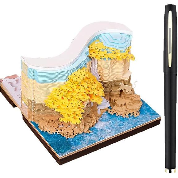 3D Desk Calendar 2025,Time Piece Calendar 2025,Tear-Away 3D Paper Art Notepad w LED Lights,Creative 3D Memo Artsy Pad Calendar, DIY Paper Carving