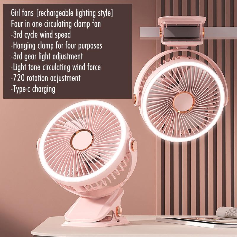 Camping Fan Rechargeable Desktop Portable Air Circulator Wireless Ceiling Electric Fan With LED Light Clip-on Room Home Fan