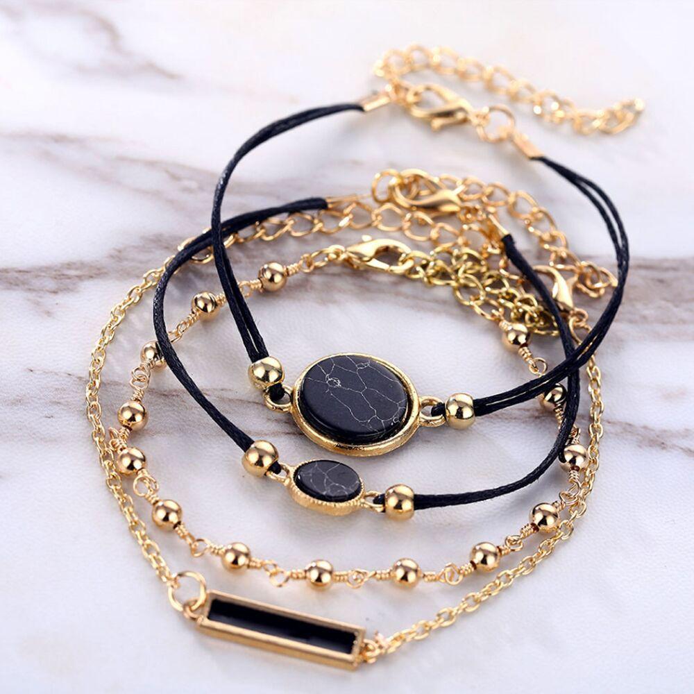 Boho Round Marble Charm Bracelet Set For Women Geometric Black String Rope Chain Bangle Female Bohemian Jewelry Gift