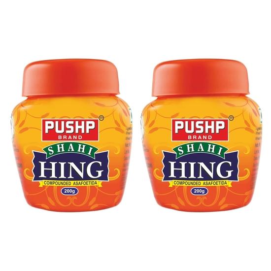 

Pushp Brand Asafoetida Hing Jar Strongest Compounded Pure Hing Powder(200g) (Pack of 2)