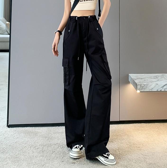 FiveFive Y2K Drawstring Cargo Parachute Pants Women Harajuku Streetwear Oversize Wide Leg Straight Trousers Female Pockets