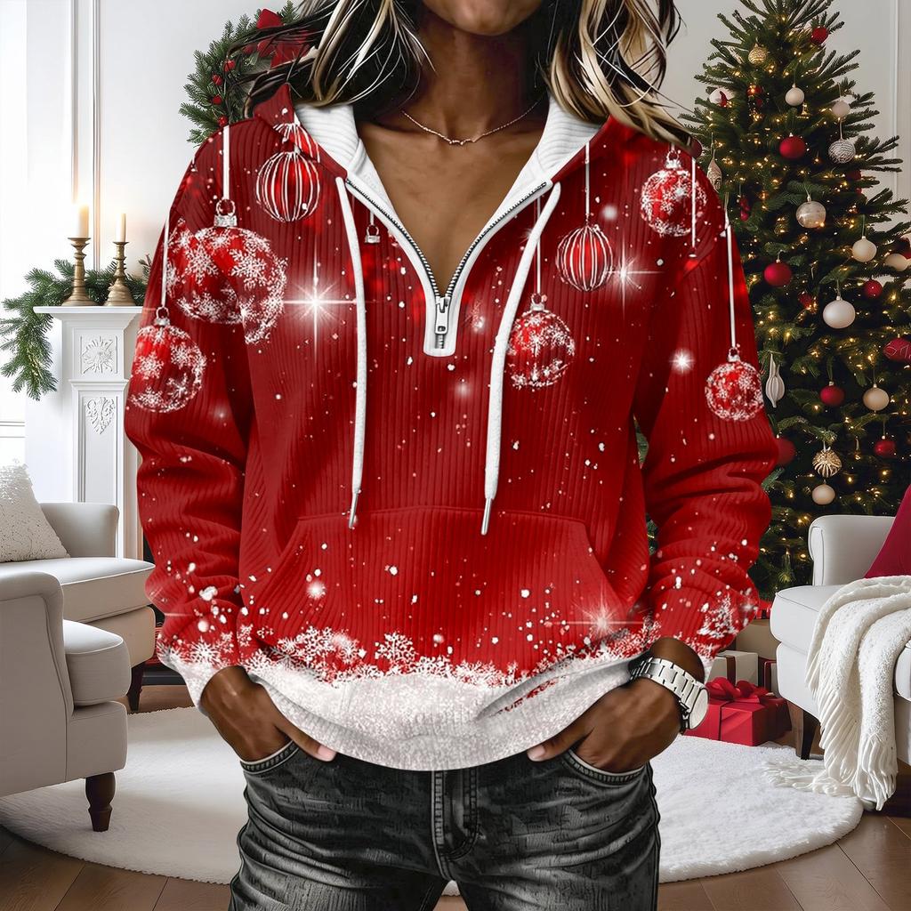 Women's Christmas Print Long Sleeve Hooded Pullover Sweatshirt