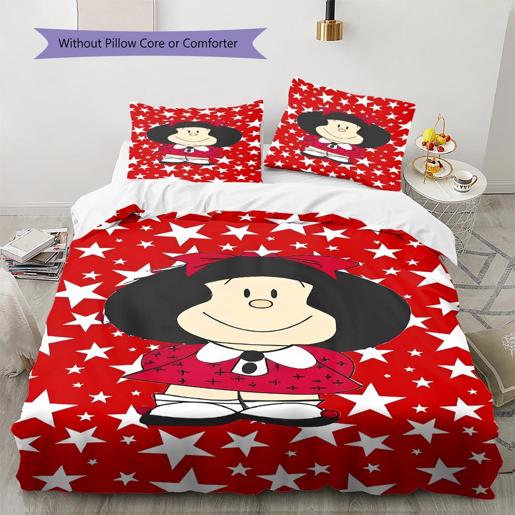 Pościel z wzorem Mafaldy, Zestaw kołdry Poszewka na kołdrę Poszewka na poduszkę Domowy prezent urodzinowy (1 * poszwa na kołdrę + 2 * poszewki na poduszki, bez rdzenia)