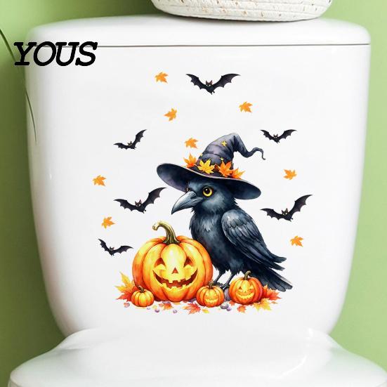 Removable Toilet Decals Halloween Decals, Cute Cartoon Bat in Suit & Black Crow with Witch Hat, Waterproof Peel-off Stickers Seat Cover Decor