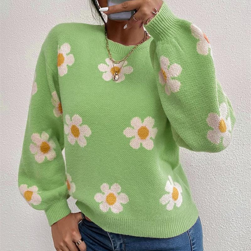 Höst Vinter Rundhals Stickad Pullover Tröja Dam Mode Söt Långärmad Lös Tröjor Dam Krysantemumtryck Varma Stickade Toppar 24638