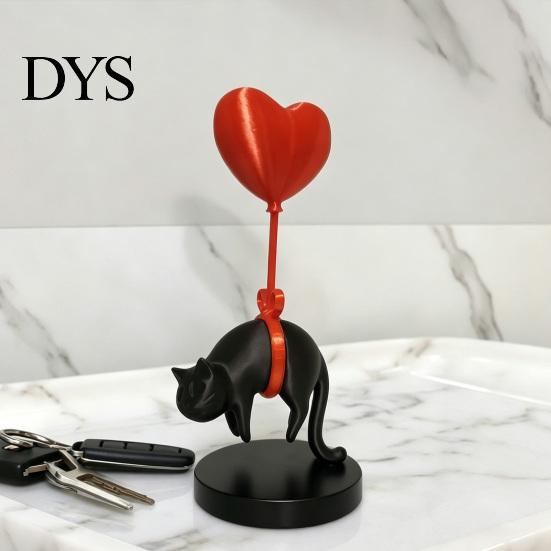 Solid Texture Cat Statue Floating Heart Balloon Figurine 3D Printed Cute Black Desk Accessory Romantic Desktop Ornament for Living Room Bedroom