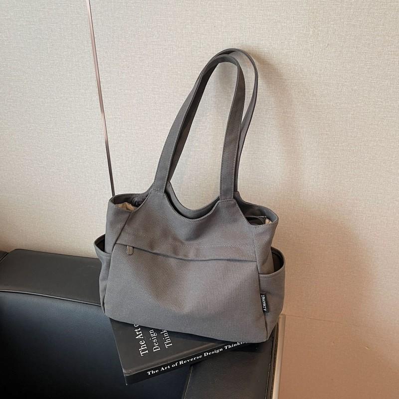 Canvas Bag Casual Commuting Practical Multi-function Shoulder All-matching Pure Color Simple Tote Student Class Schoolbag