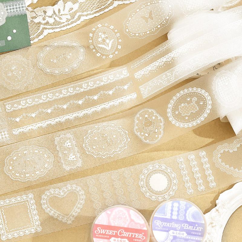 40mm * 3m Waltz Of Lace Series Kawaii Ins Flash Sand Die Cutting Tape DIY Journal Scrapbook Aesthetic Stationery Sticker