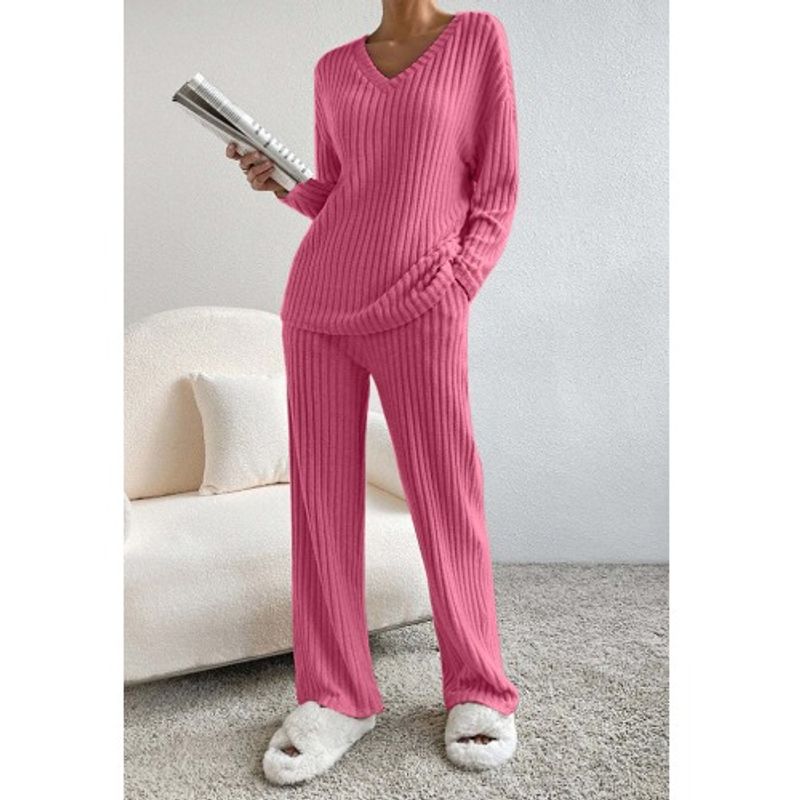 Western Style Spring and Autumn New Cross-Border V-neck Solid Sunken Stripe Loose Long Sleeves Shirt Trousers Casual Two-piece Suit Women Clothes