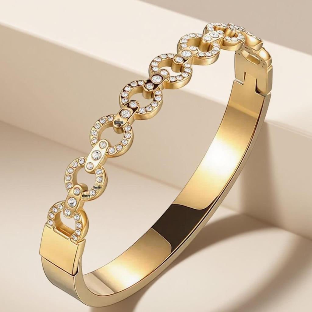 Pulsera de Acero de Titanio de Moda Europea y Americana para Mujer con Diamantes Microincrustados - Joyería de Acero Inoxidable que no Pierde el Color.