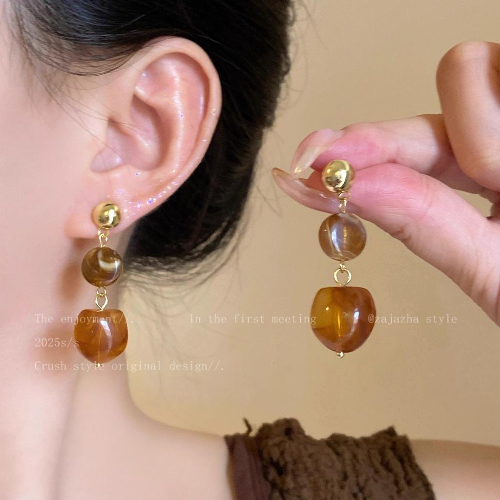Maillard Amber Tiger's Eye Stone Earrings Women's Autumn and Winter Unique Stud Earrings Niche Earrings