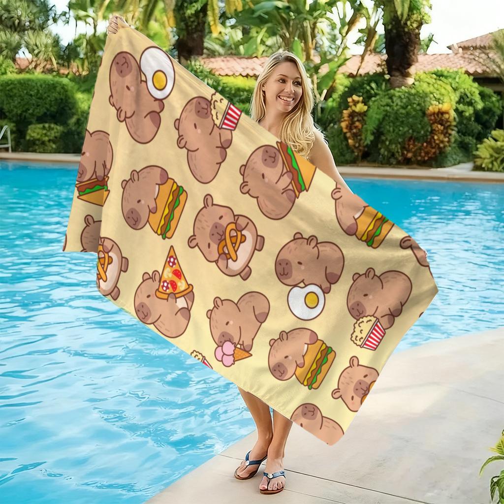 Süßes Capybara Food Print Strandtuch, Mikrofaserhandtuch im Fast-Food-Design, Schnelltrocknendes saugfähiges Handtuch für Strand, Schwimmen, Camping,