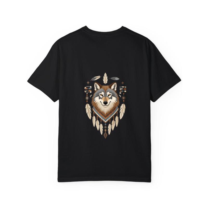 Wolf Tribal Pattern T Shirt White Wolf Face with Feathers and Beads Design for Casual Wear