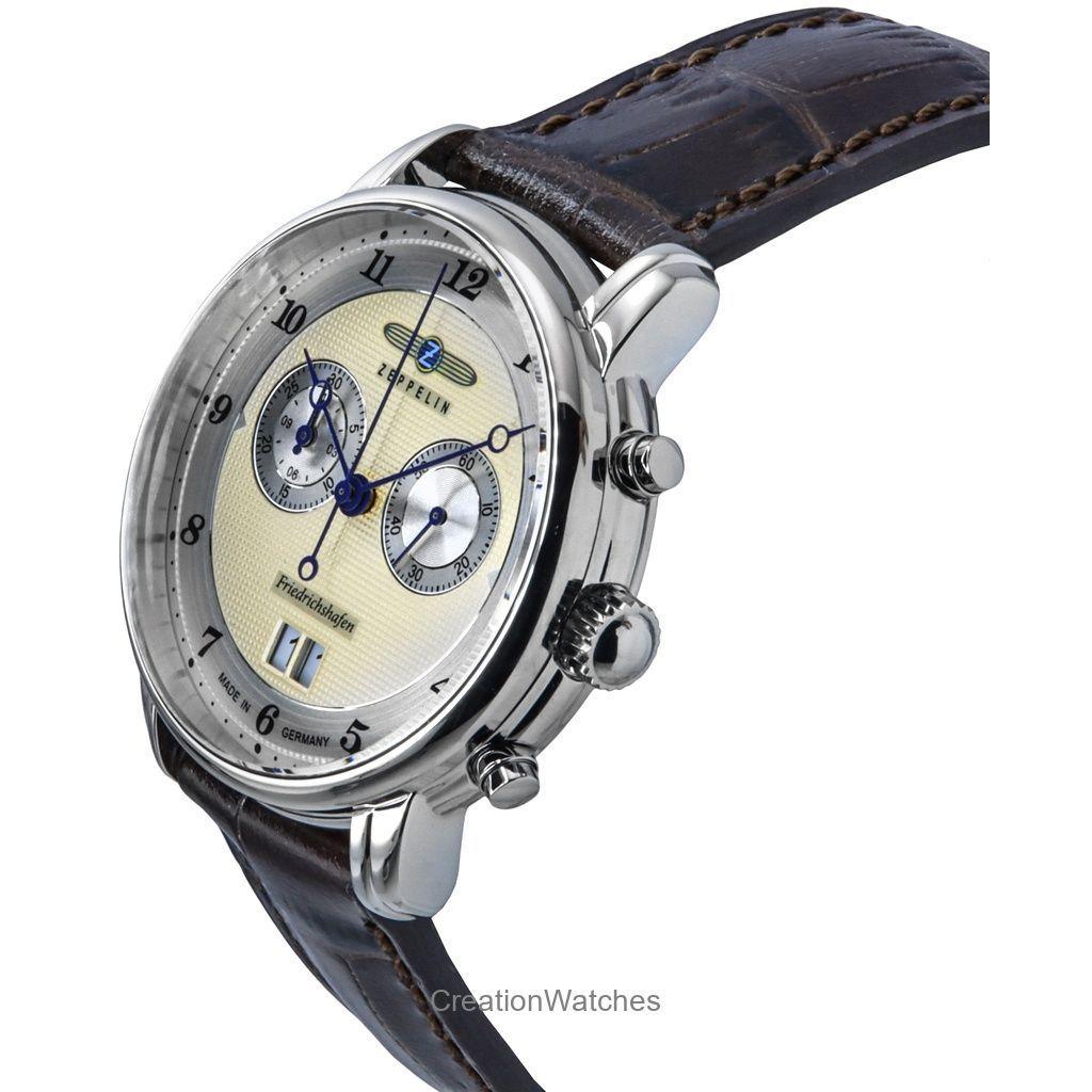 Zeppelin Friedrichshafen Chronograph Leather Strap Gold Dial Quartz 85845 Men's Watch