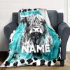 Highland Cow With Turquoise Background And Cow Print Border Throw Customizable Blanket Personalized Name Warmthful Decor Great For Sofa Couch Office