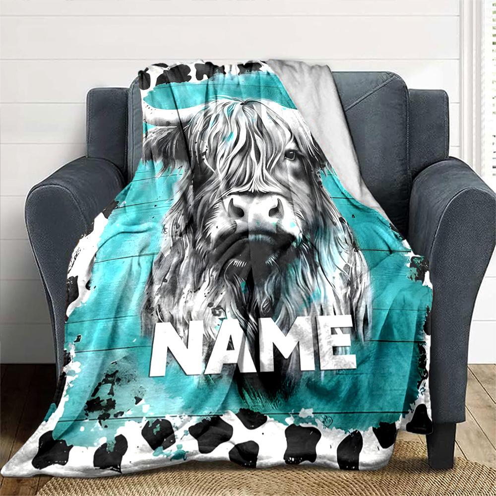 Highland Cow With Turquoise Background And Cow Print Border Throw Customizable Blanket Personalized Name Warmthful Decor Great For Sofa Couch Office