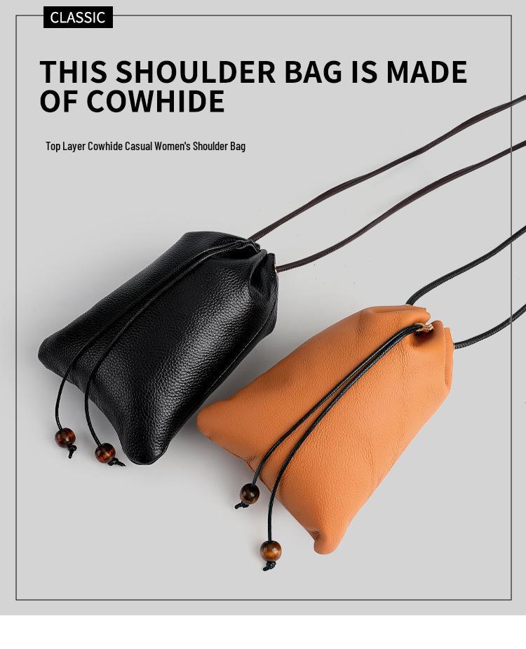 New Genuine Leather Drawstring Shoulder Bag with Earphone and Cable Storage - Korean Style Cowhide Messenger Bag