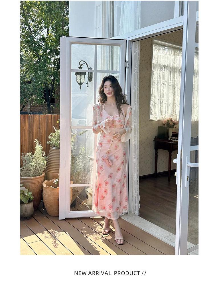 Thirteenth Line French Floral Camellia Spaghetti Strap Dress Set