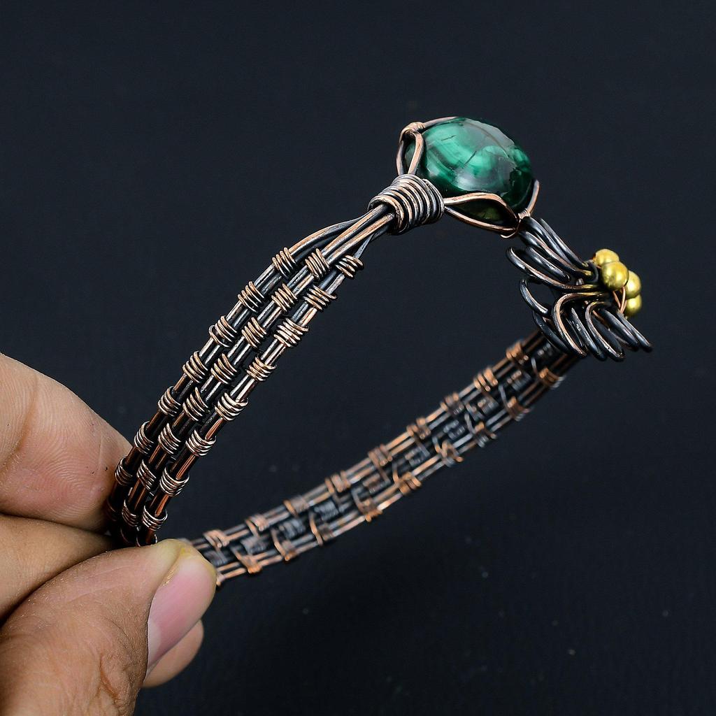 Malachite Bangle, Handmade Gemstone Bangle, 999 Copper Wire Wrapped Antique Jewelry, For Engagement Gift