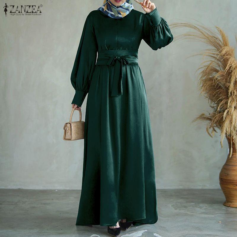 ZANZEA Women Casual Stand Collar Loose Long Sleeve Satin Dress