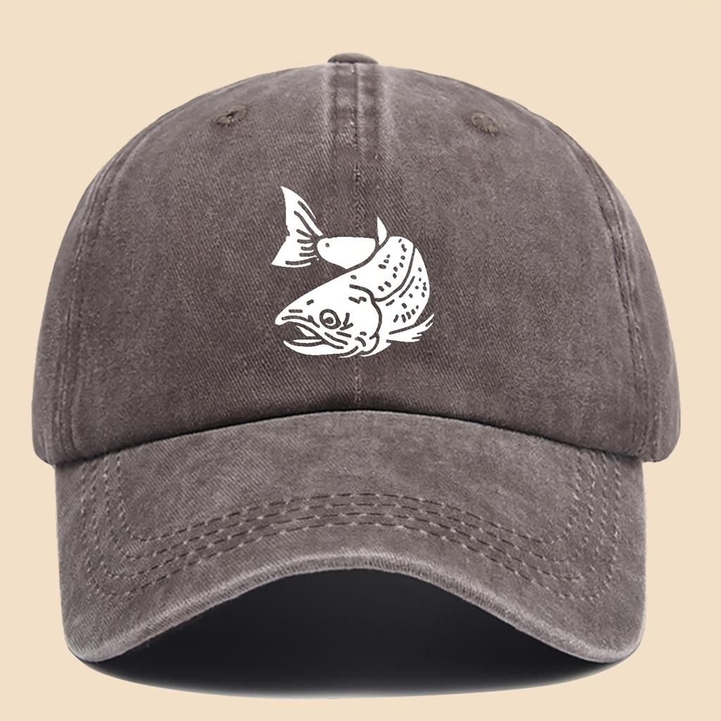 Cartoon Fish Print Baseball Cap Vintage Washed Adjustable Fishing Hat Men Women Hip-hop Hat Outdoor Retro Sun Protection Hat