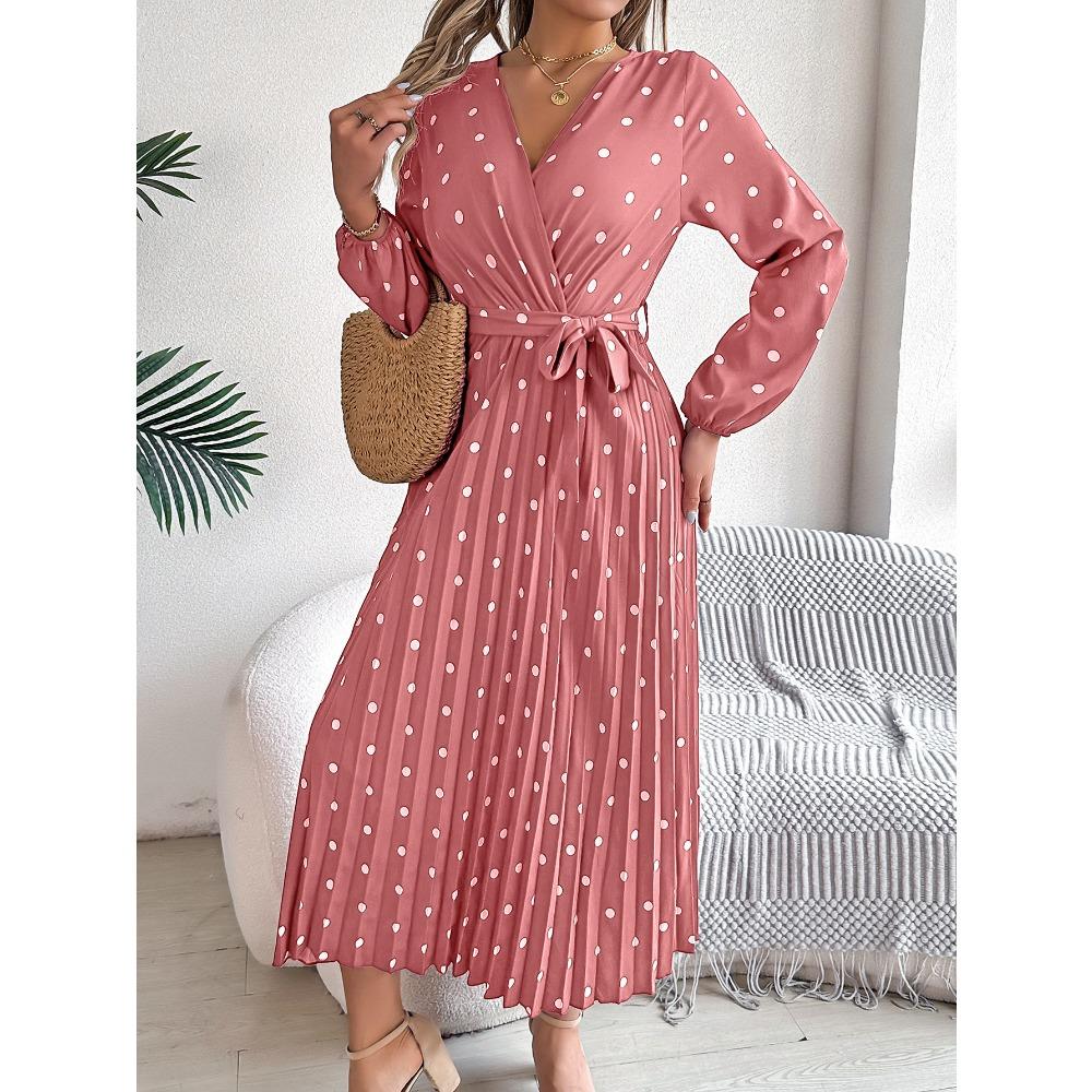 Élégantes Robes Longues Plissées à Col V Croisé à Pois de Couleurs Contrastées