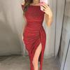Bodycon Dress Off Shoulder Shiny Spring Autumn Slash Neck Strapless High Split Dress for Wedding