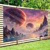 2D Plane, Space-themed Fantasy Scenery Background Cloth, Mountain, Planet and Nebula Design, Polyester