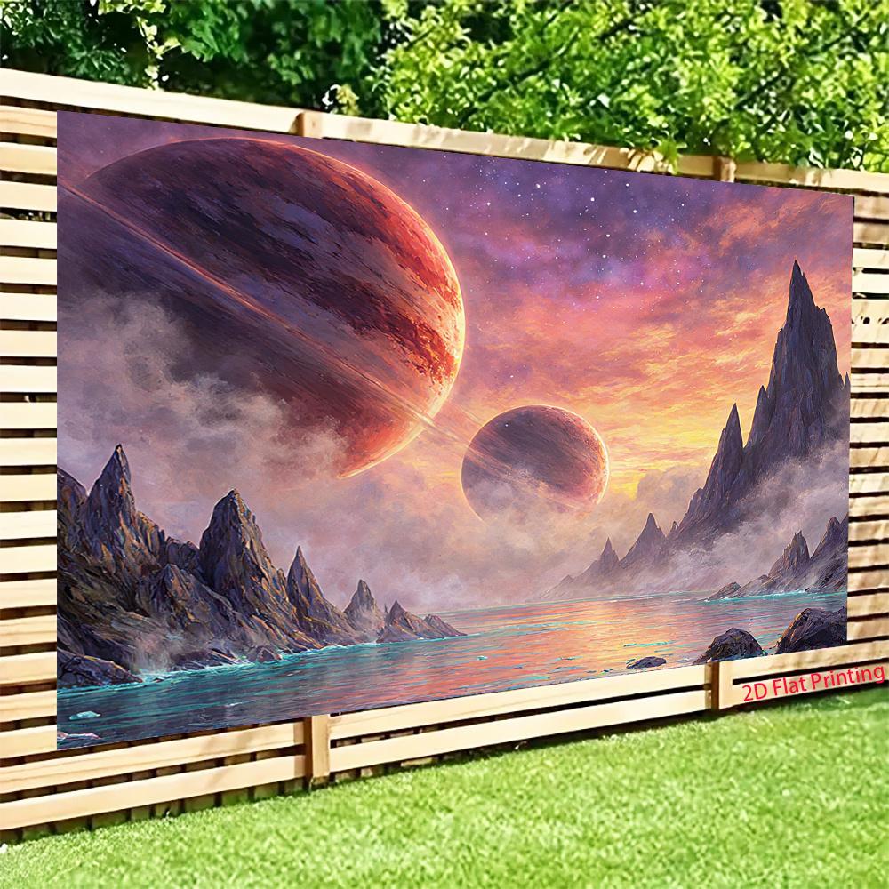 2D Plane, Space-themed Fantasy Scenery Background Cloth, Mountain, Planet and Nebula Design, Polyester