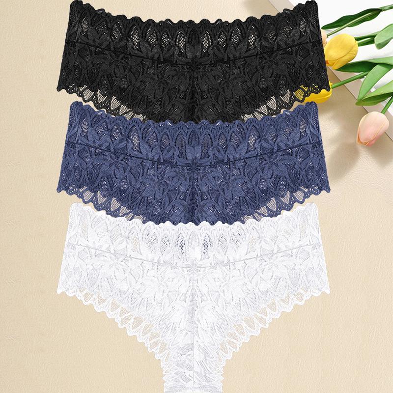 3PCS/Set Women Floral Lace Panties Sexy Perspective G-String High Waist Underpants Female Breathable Intimates Lingerie