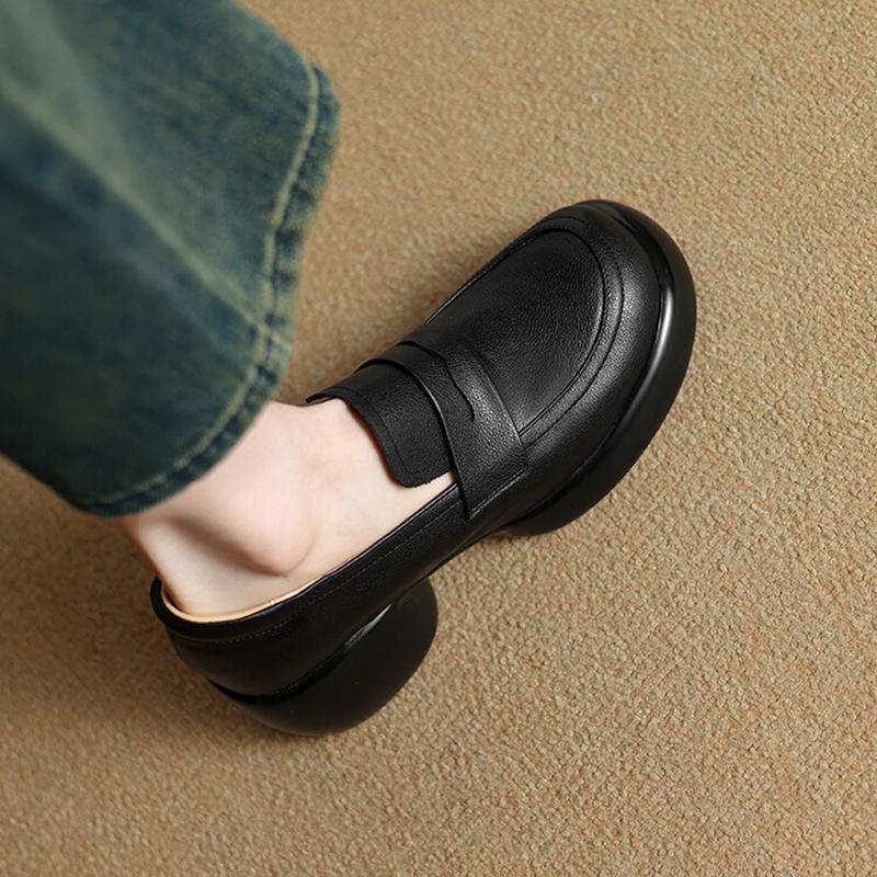 Fashion NEW Spring/Autumn Women Loafers Round Toe Chunky Heel Shoes Genuine Leather Shoes for Women Slip-on Platform Shoes Women Pumps