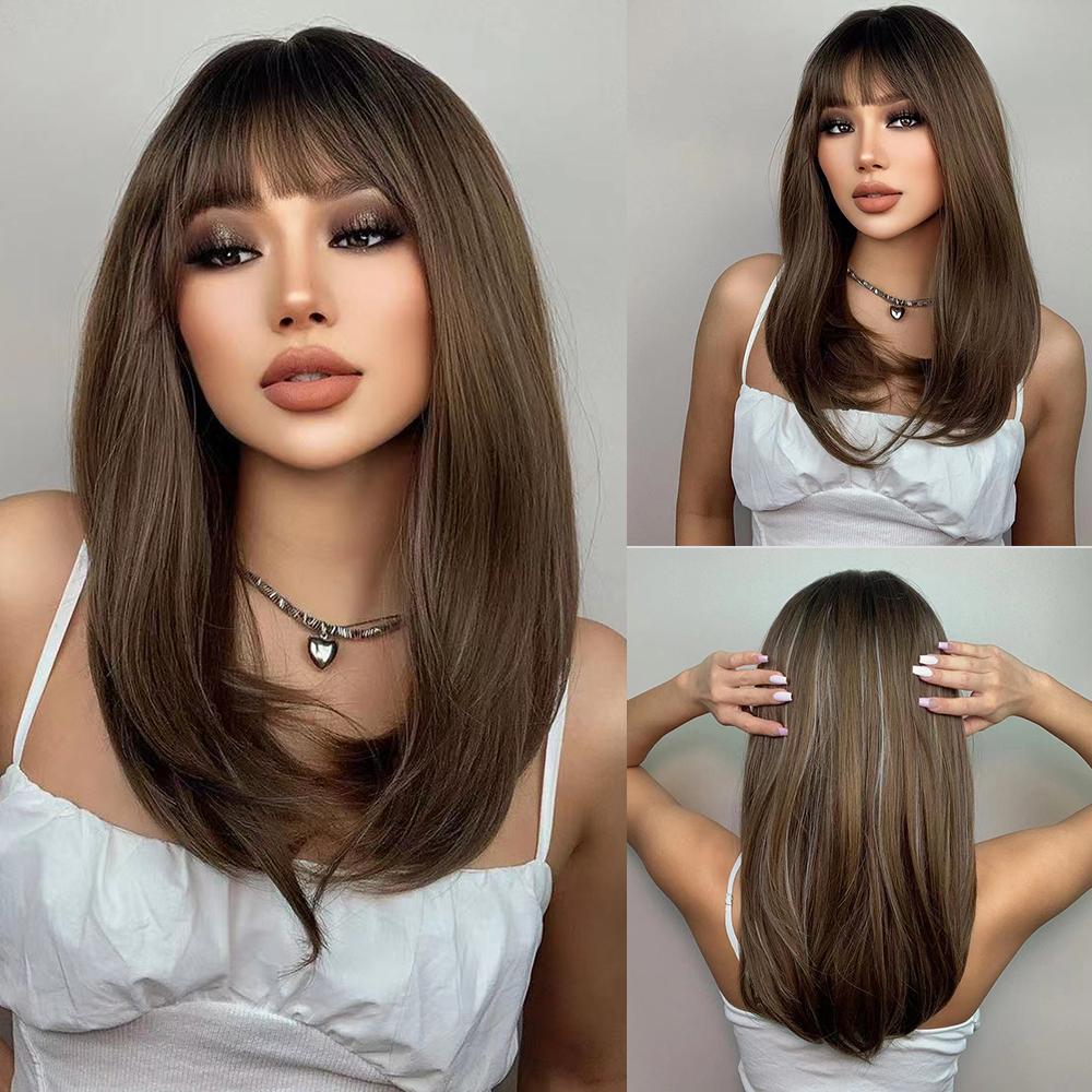 LOUIS FERRE Short Ash Brown Hair Wig for Women Synthetic Ombre Brown Straight Wigs With Bangs Shoulder Length Brown Natural Hair