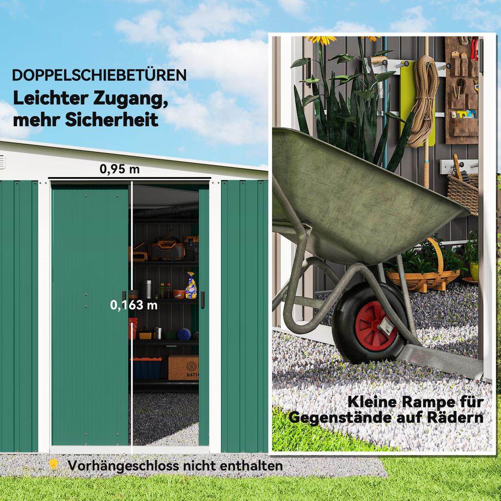 Garden Metal Storage Shed Outdoor Metal Tool House with Double Sliding Doors and 2 Air Vents, 11.3x9.2ft, Green
