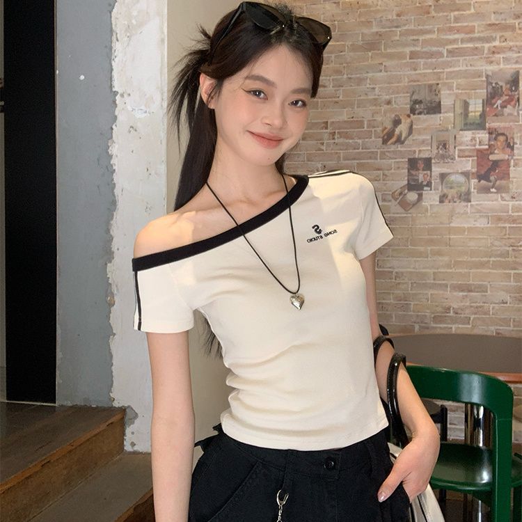 Pure and Sexy Off-shoulder Print Short Sleeve T-Shirt for Women, Summer Slim Slim Hot Girl Short Top Wholesale