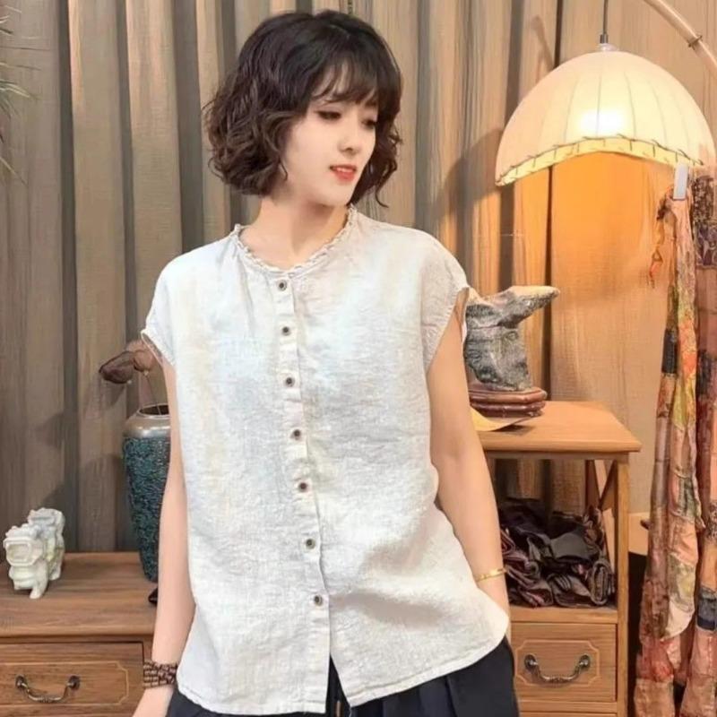 Women Purple Linen Blend Ruffle Trim Stand Collar Sleeveless Button Up Shirt