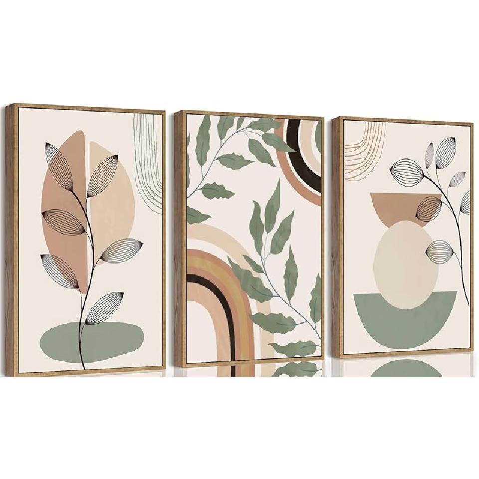 3 pcs Framed Boho Canvas Wall Art Green Sage Botanical Painting Wall Decor Pictures Mid Century Modern Minimalist poster prints for Living Room
